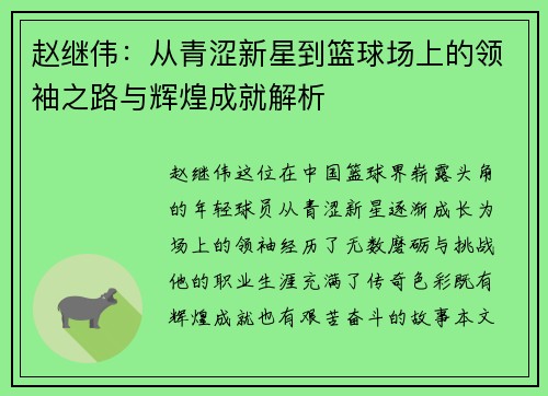 赵继伟：从青涩新星到篮球场上的领袖之路与辉煌成就解析